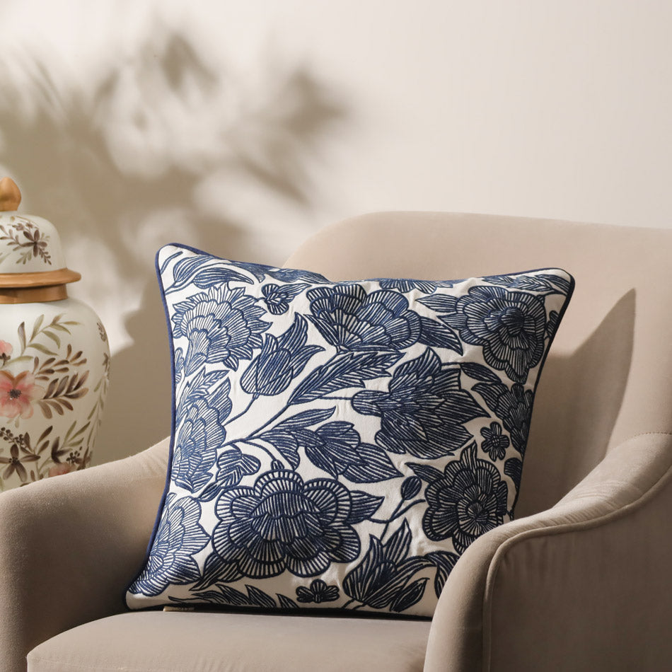 Flora Embroidered Cushion Cover 45x45cm - Dark Blue