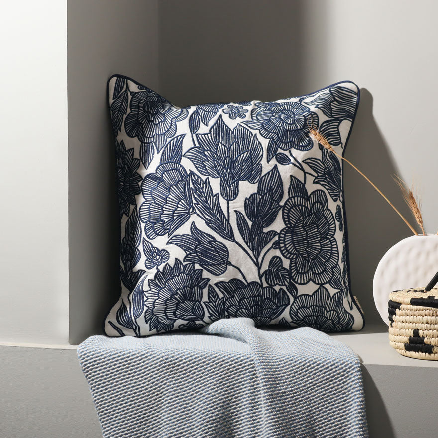 Flora Embroidered Cushion Cover 45x45cm - Dark Blue