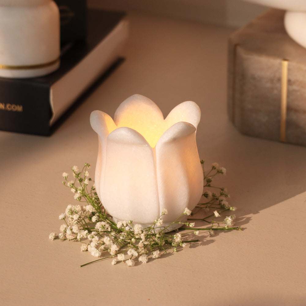 Flora Marble Tealight Holder - White