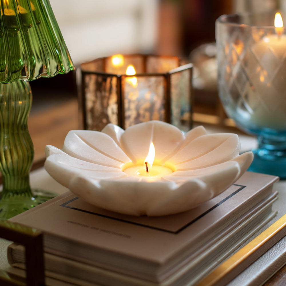 ESQ Living Flora Marble Tealight Holders, Set of 2 - White
