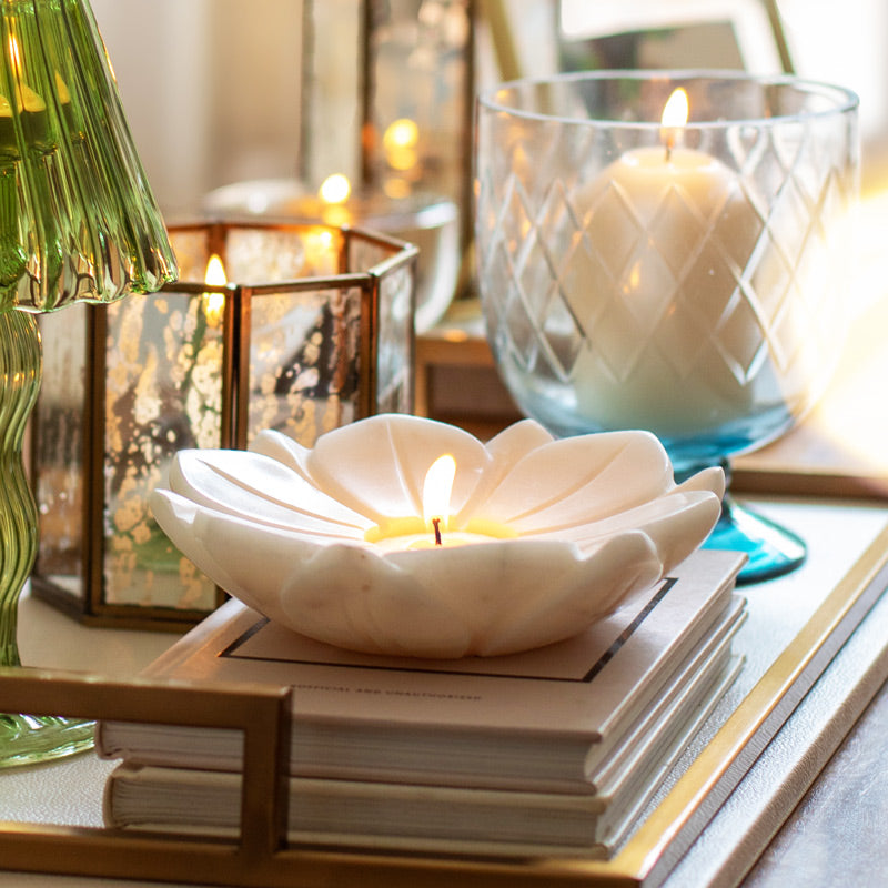 Flora Marble Tealight Holders, Set of 2 - White