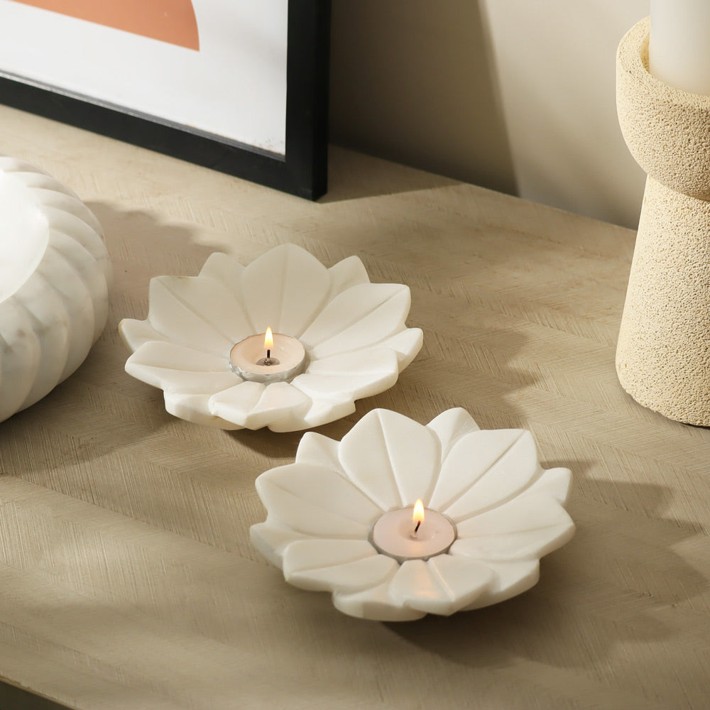 Flora Marble Tealight Holders, Set of 2 - White