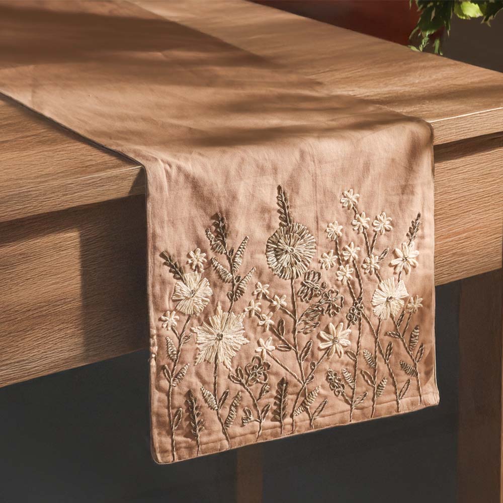Flora Embroidered Table Runner - Chestnut Brown