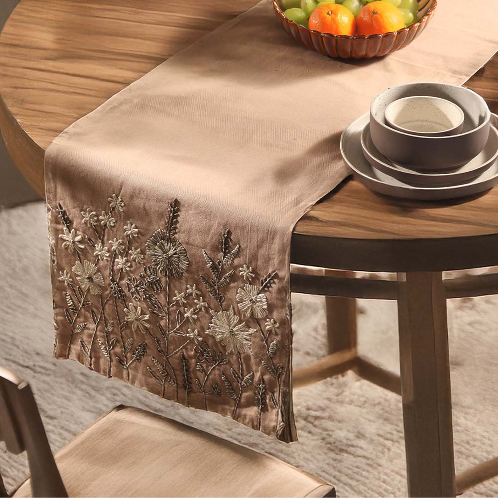 Flora Embroidered Table Runner - Chestnut Brown