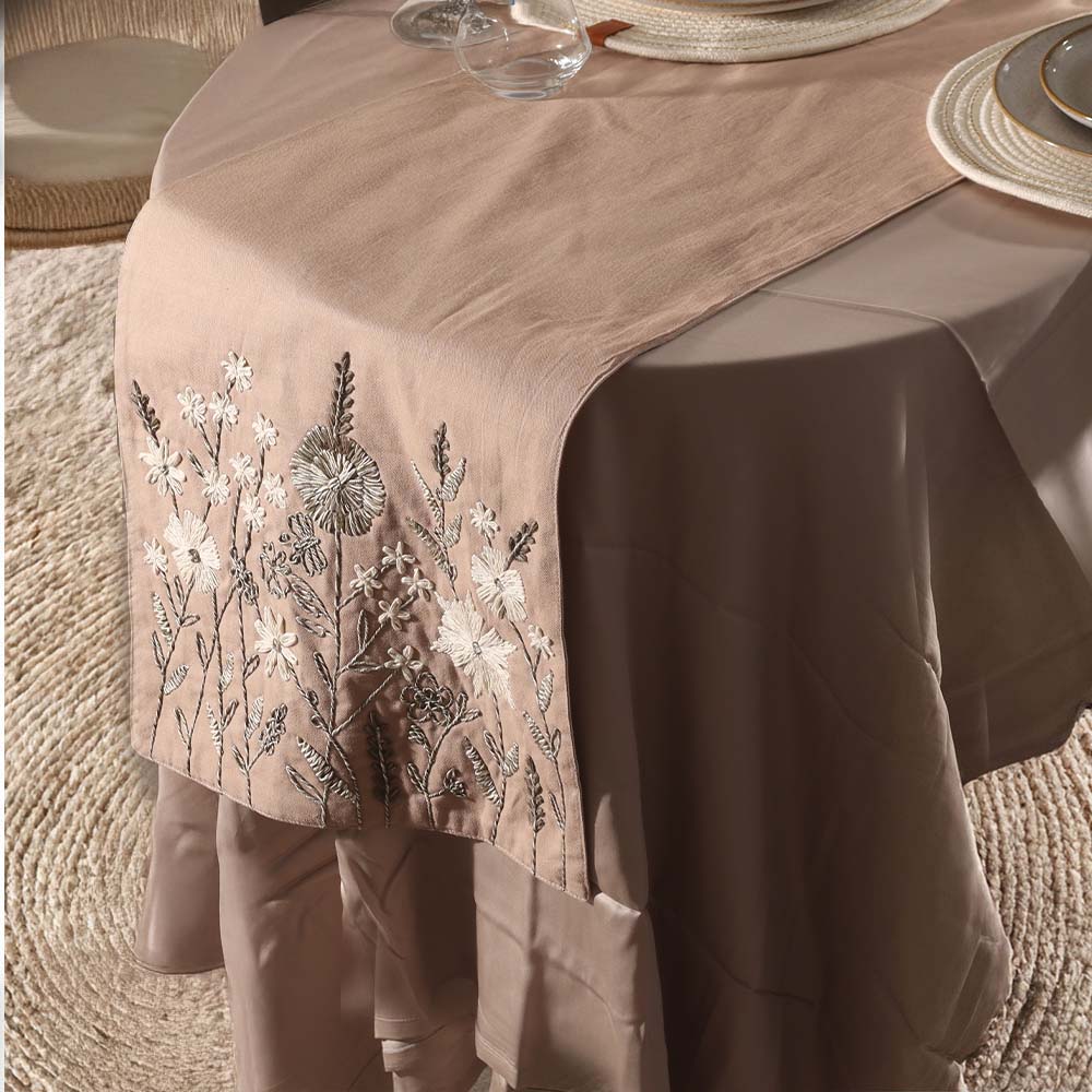 Flora Embroidered Table Runner - Chestnut Brown