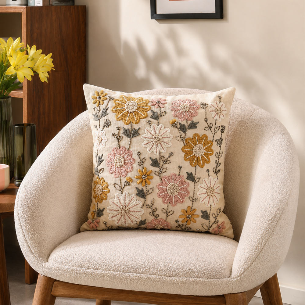 Floral Embroidered Cushion Cover 45x45cm - Multicolor