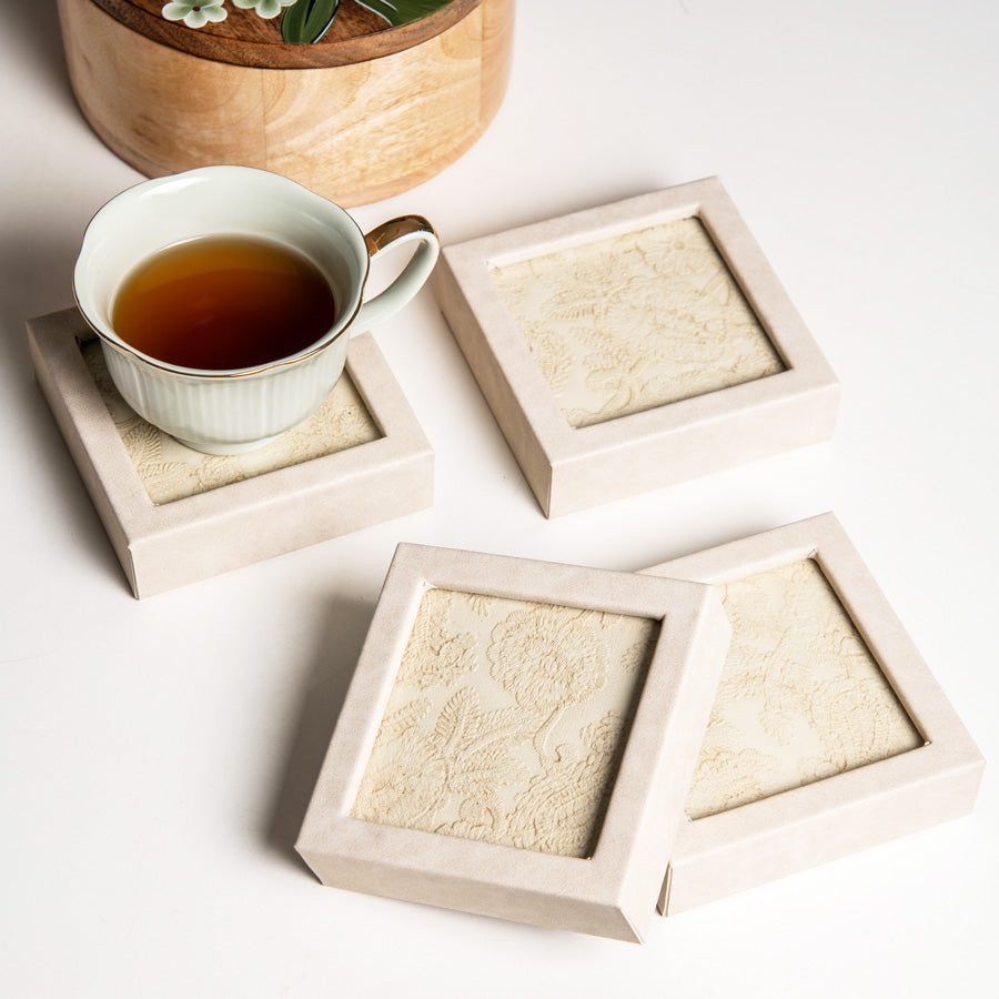 Floral Glass Coasters, Set of 4 - Beige