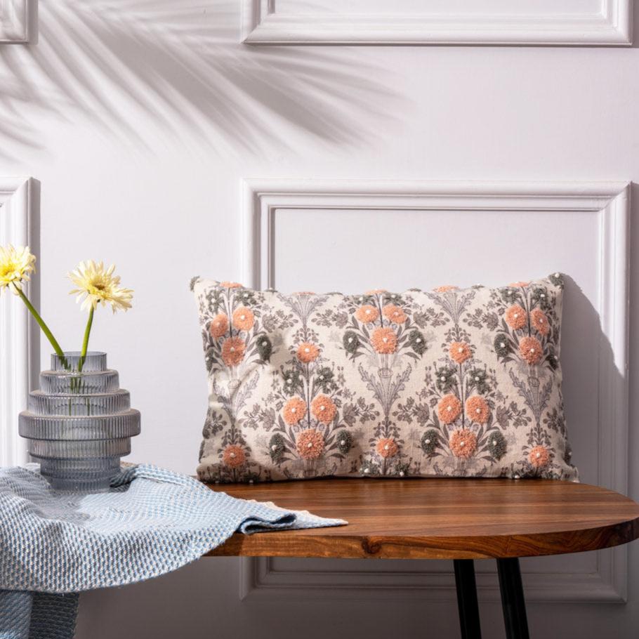 Flores Rectangular Embroidered Cushion Cover 50x30cm - Multicolor