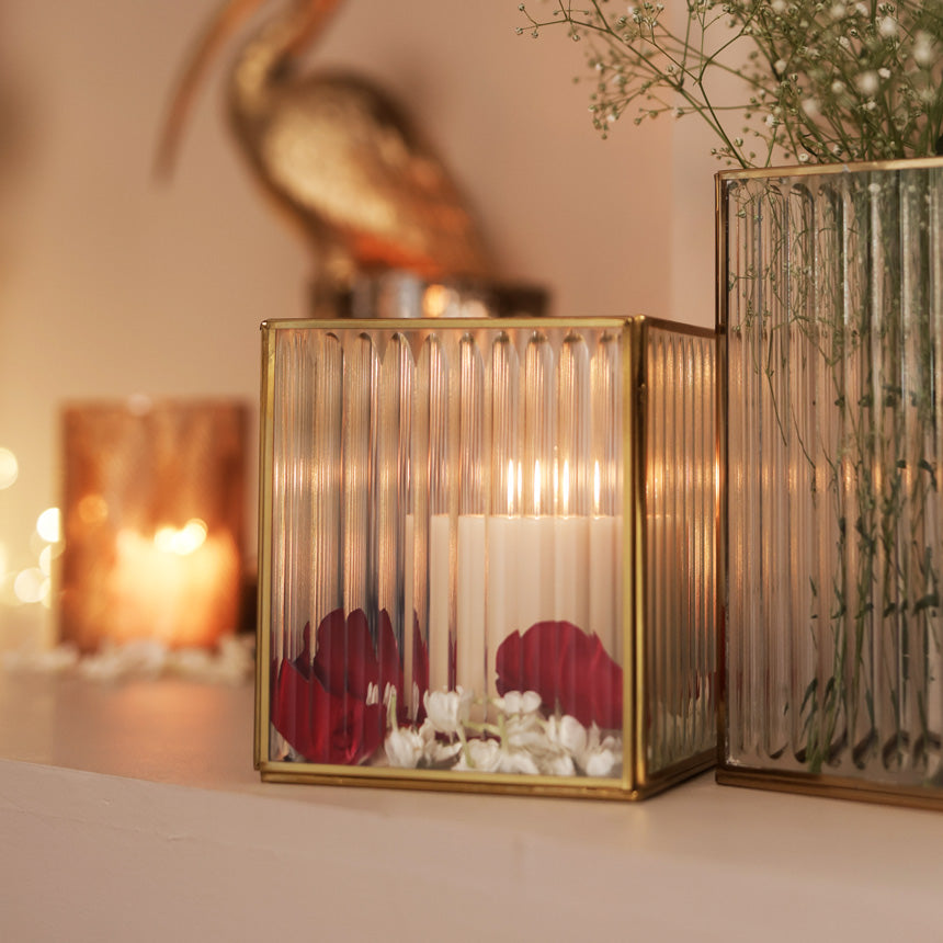Fluted Glass Hurricane Small - Gold
