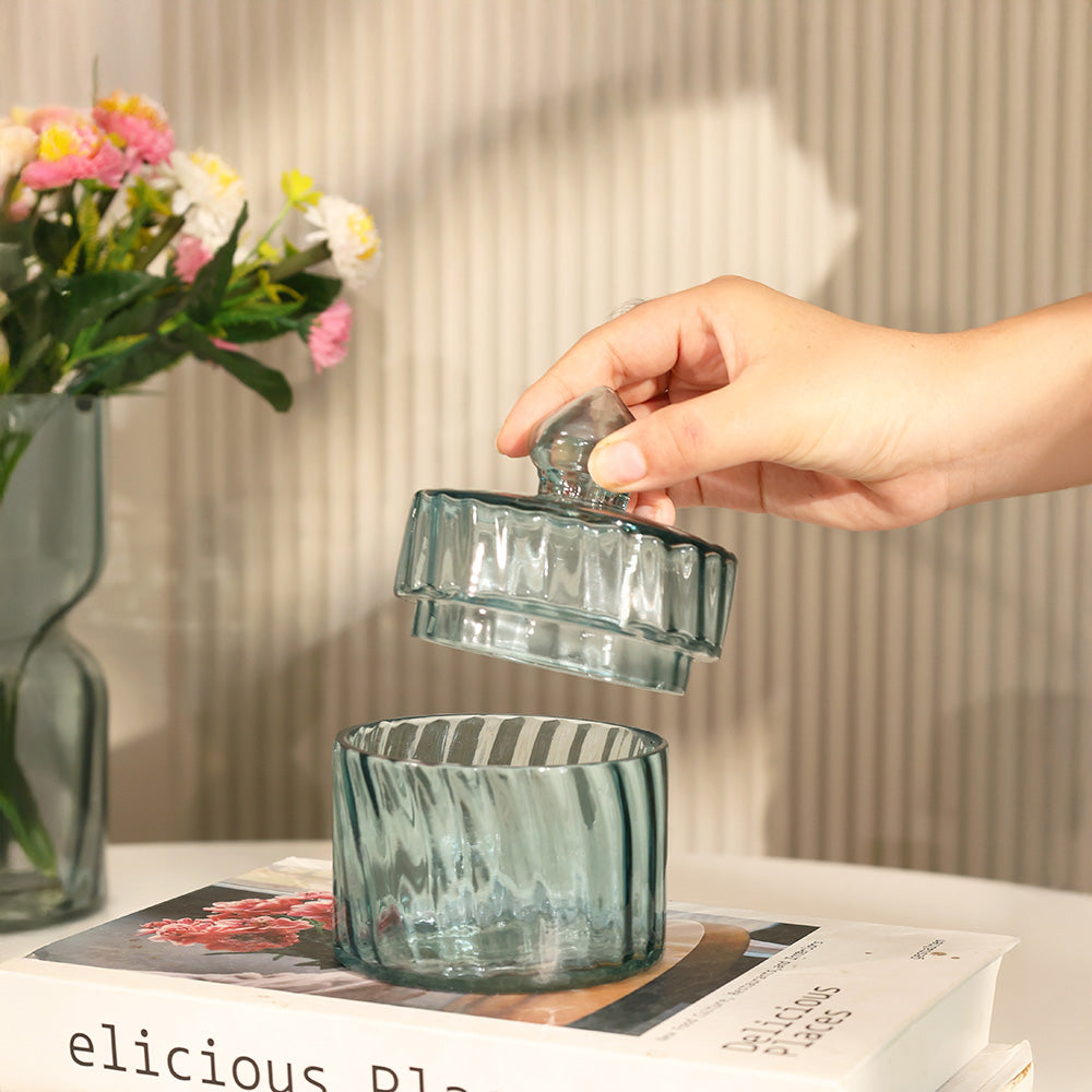 Fluted Glass Storage Jar - Aqua