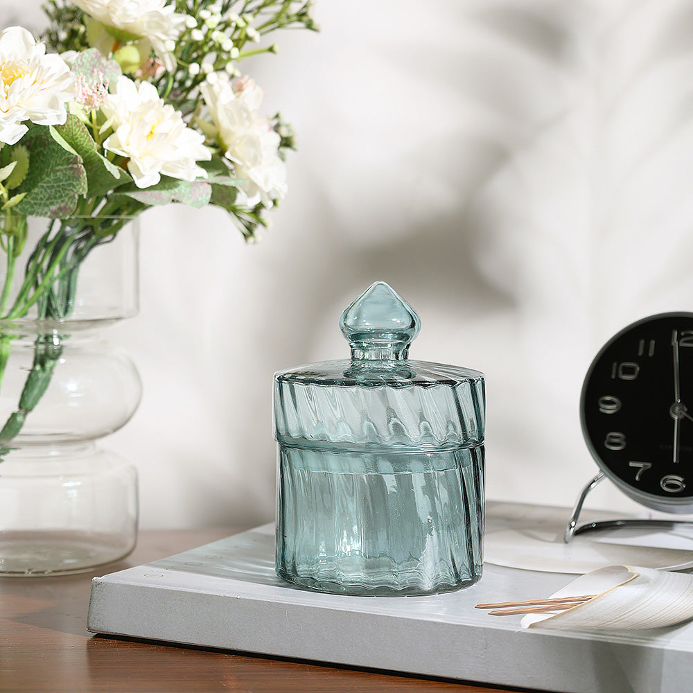 Fluted Glass Storage Jar - Aqua