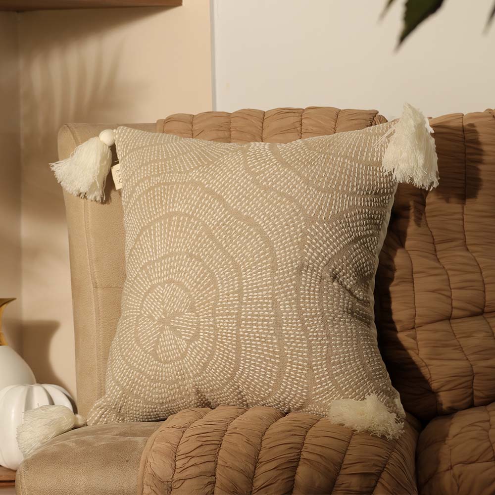 Fossil Beaded Embroidered Cotton Cushion Cover 45x45cm - Greige White