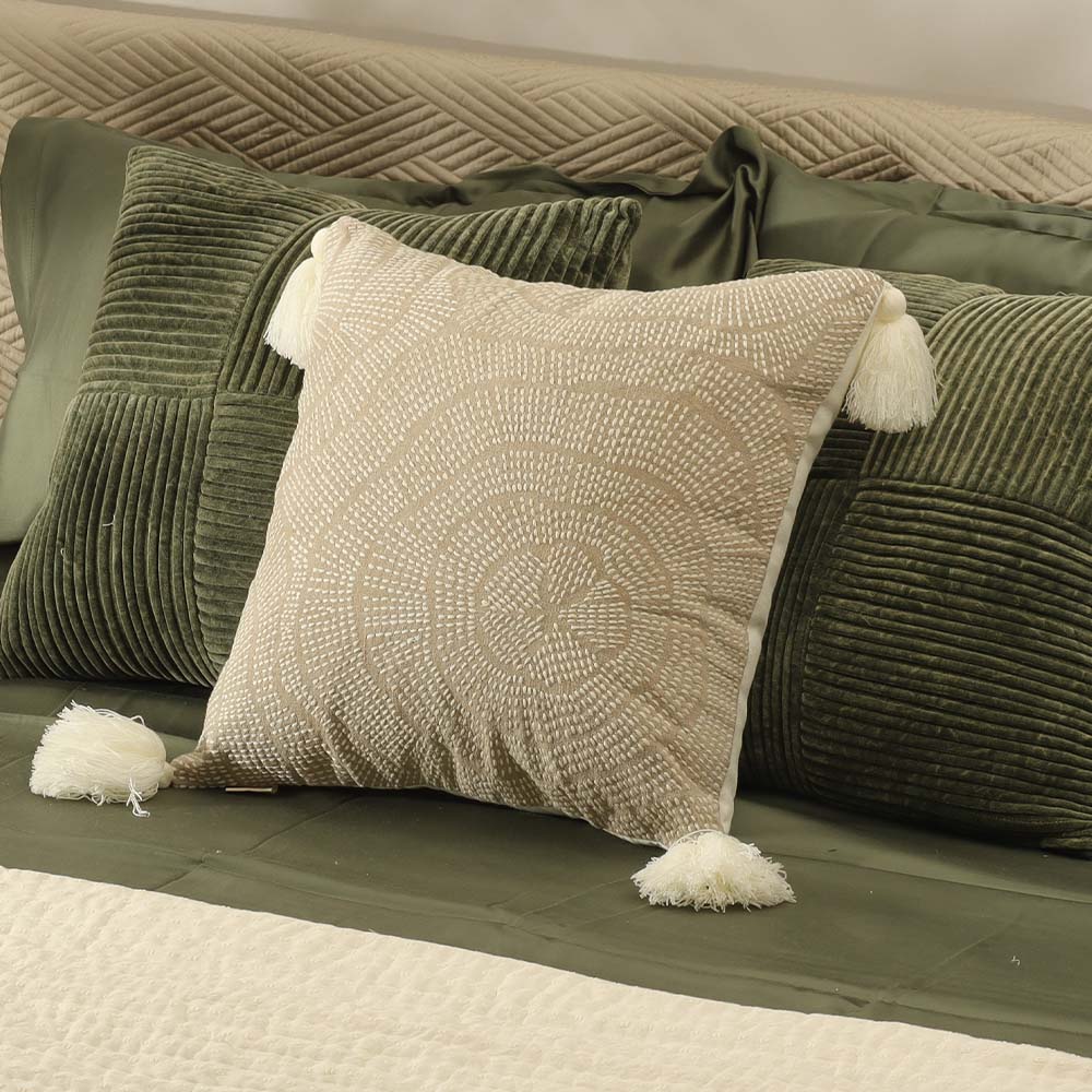 Fossil Beaded Embroidered Cotton Cushion Cover 45x45cm - Greige White