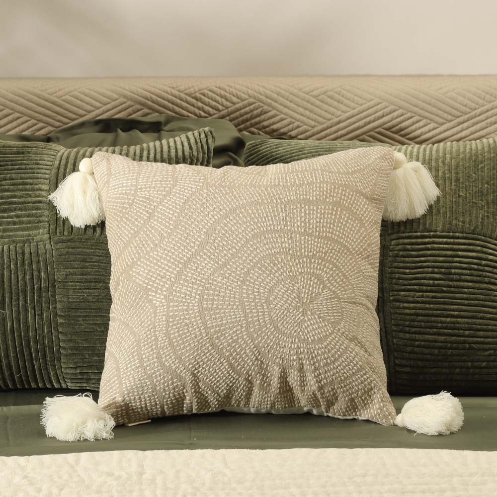 Fossil Beaded Embroidered Cotton Cushion Cover 45x45cm - Greige White