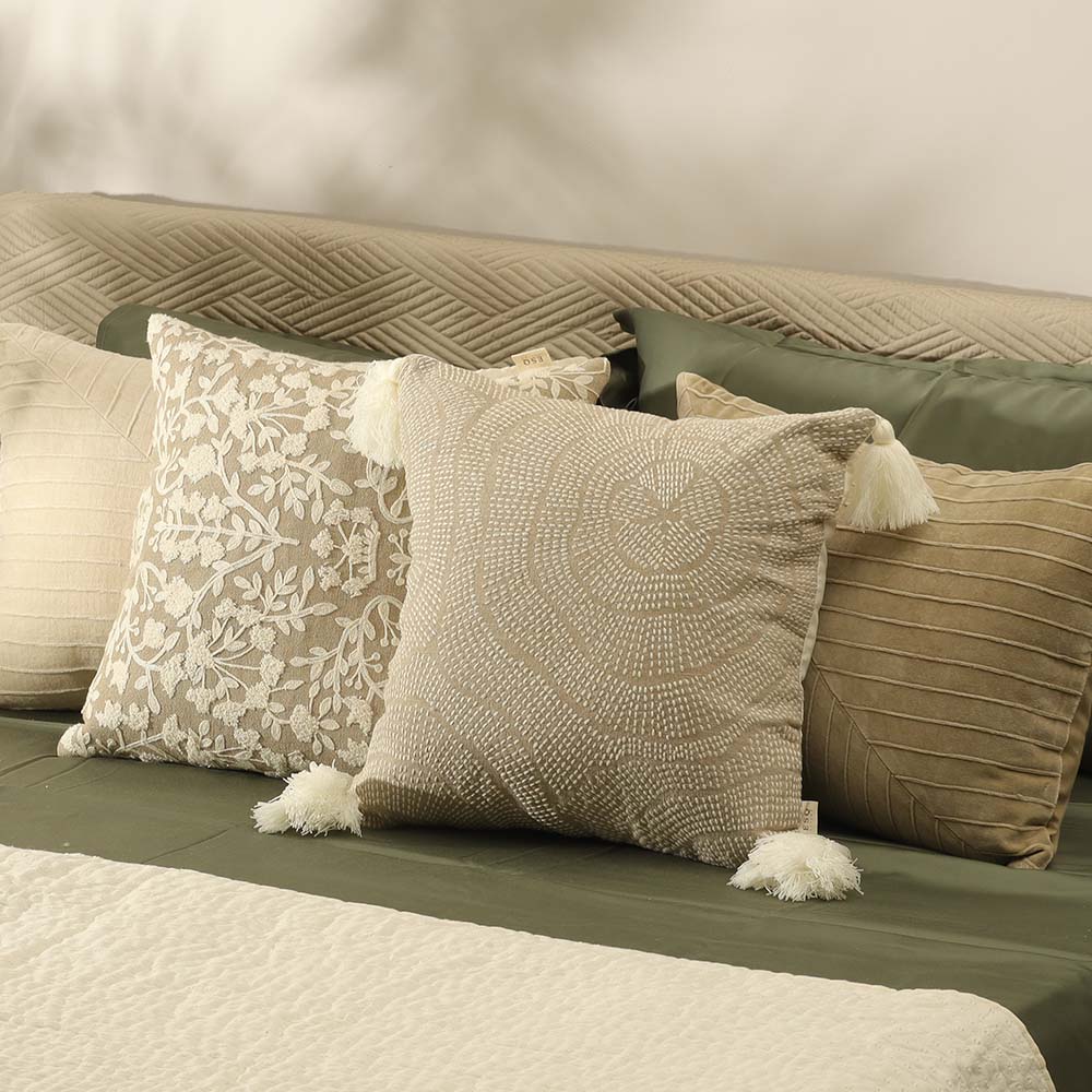 Fossil Beaded Embroidered Cotton Cushion Cover 45x45cm - Greige White