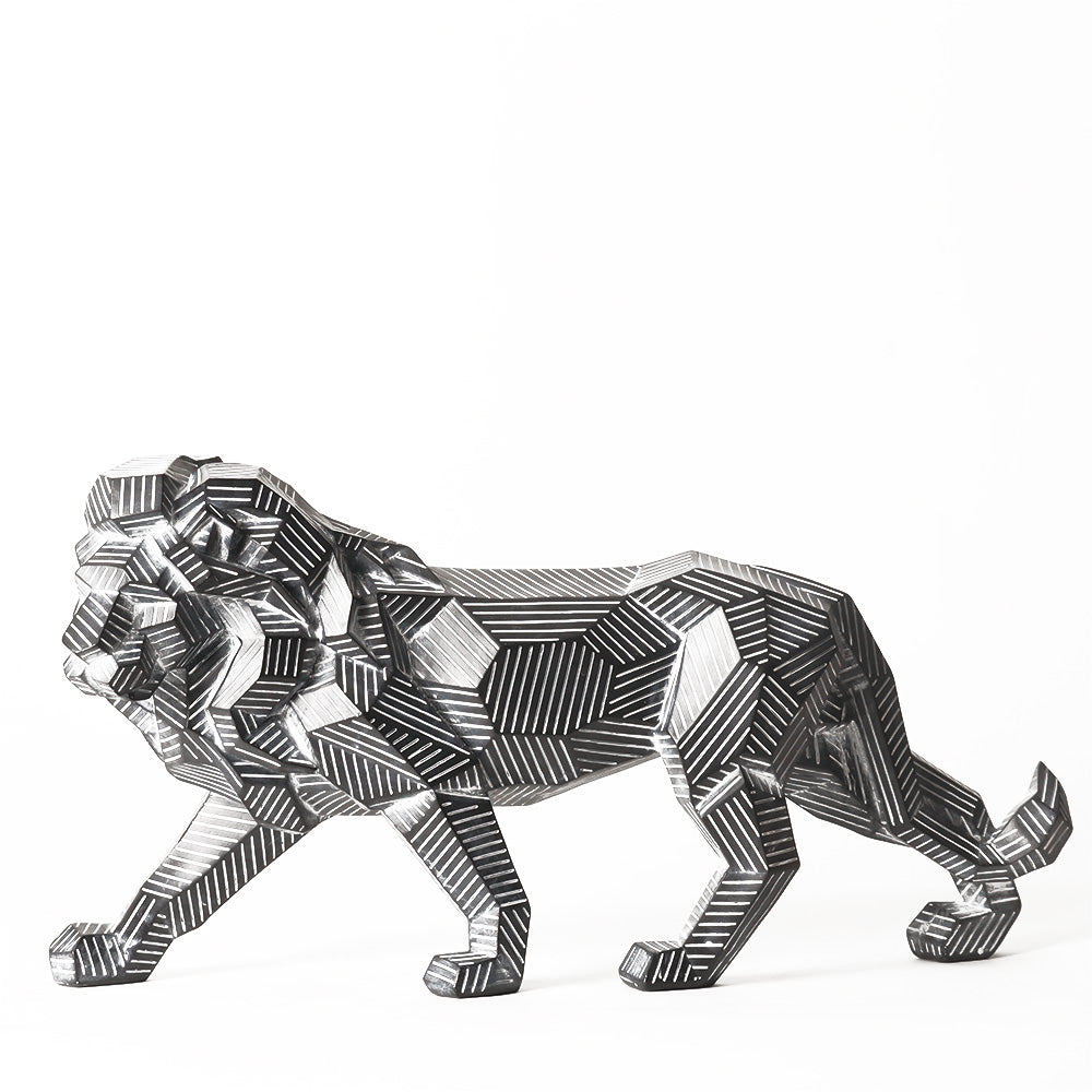 Fractal Lines Lion Sculpture - Black & White