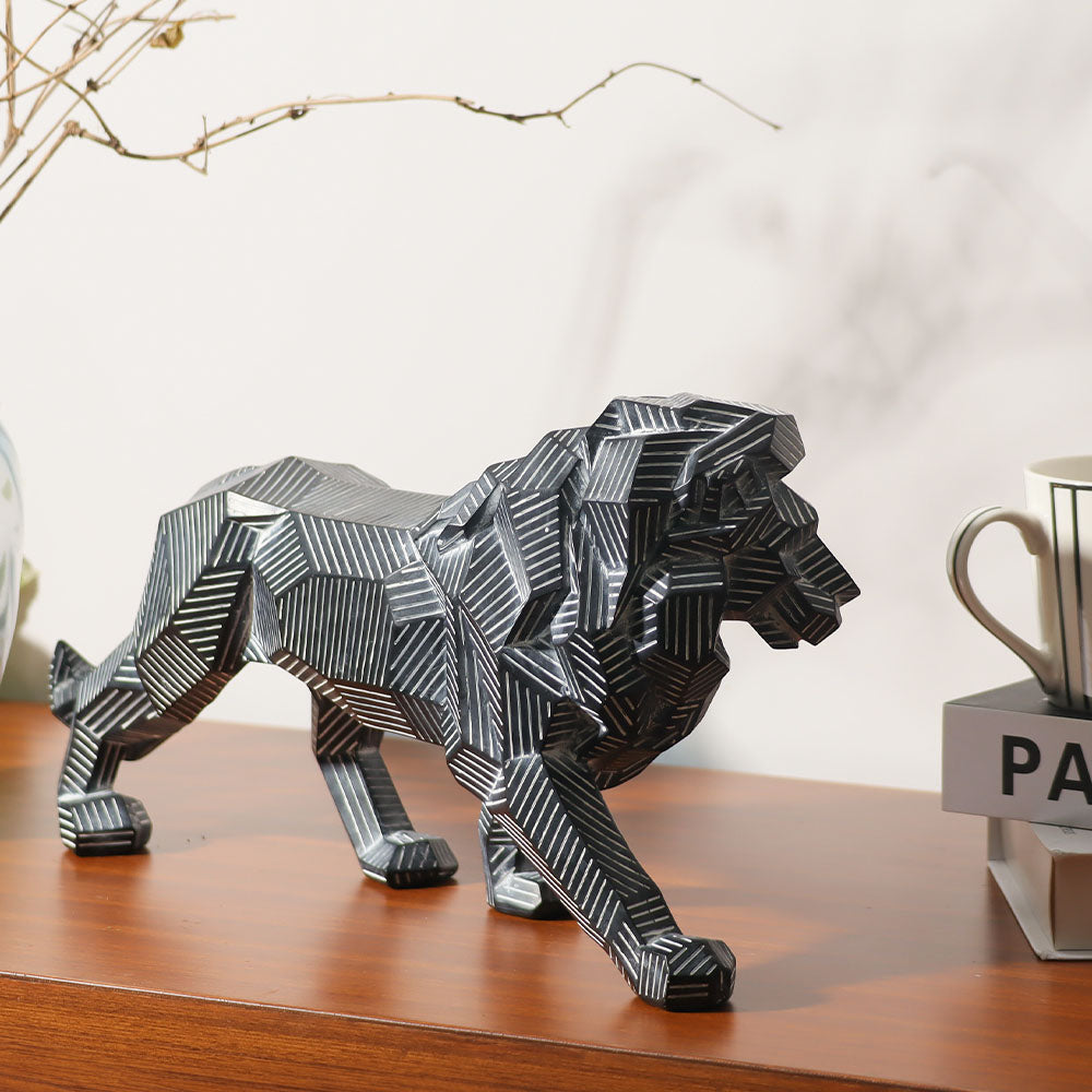 Fractal Lines Lion Sculpture - Black & White