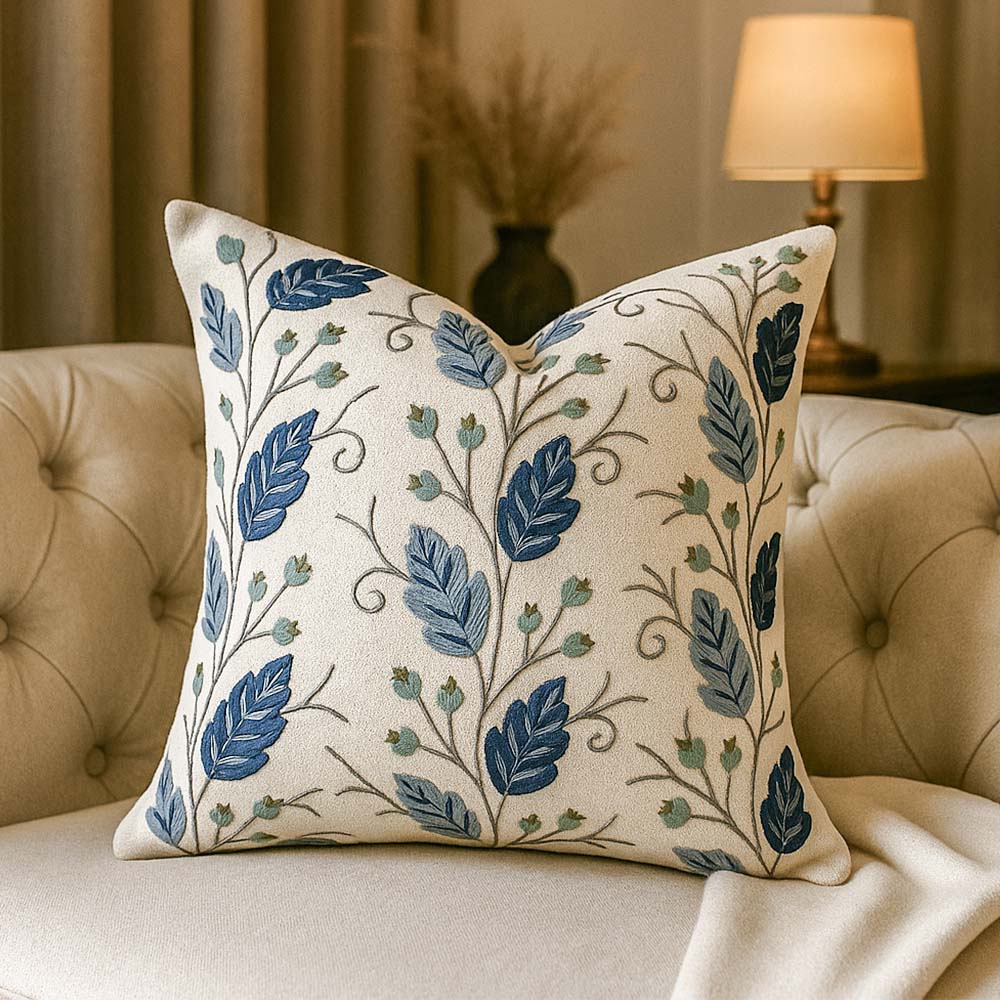 Gooseberry Embroidered Cushion Cover 45x45cm - Blue Beige