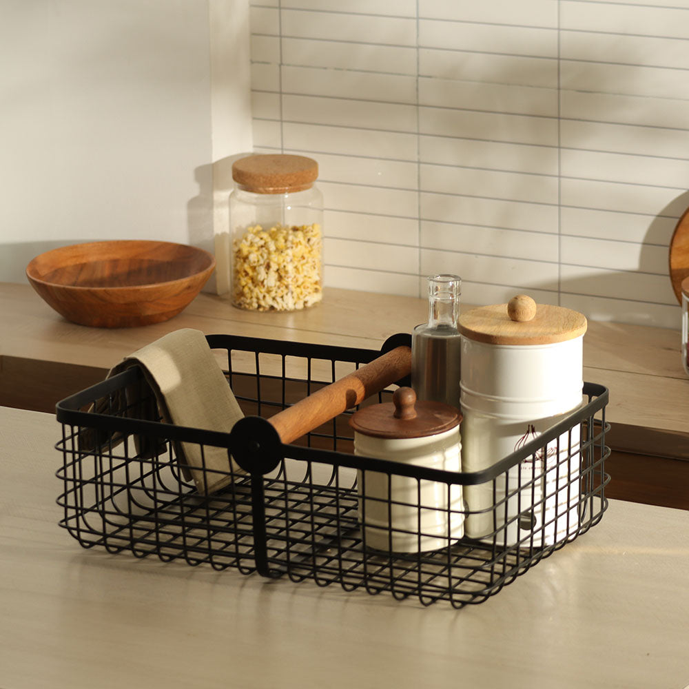 Grid Storage Basket with Handle Large - Black