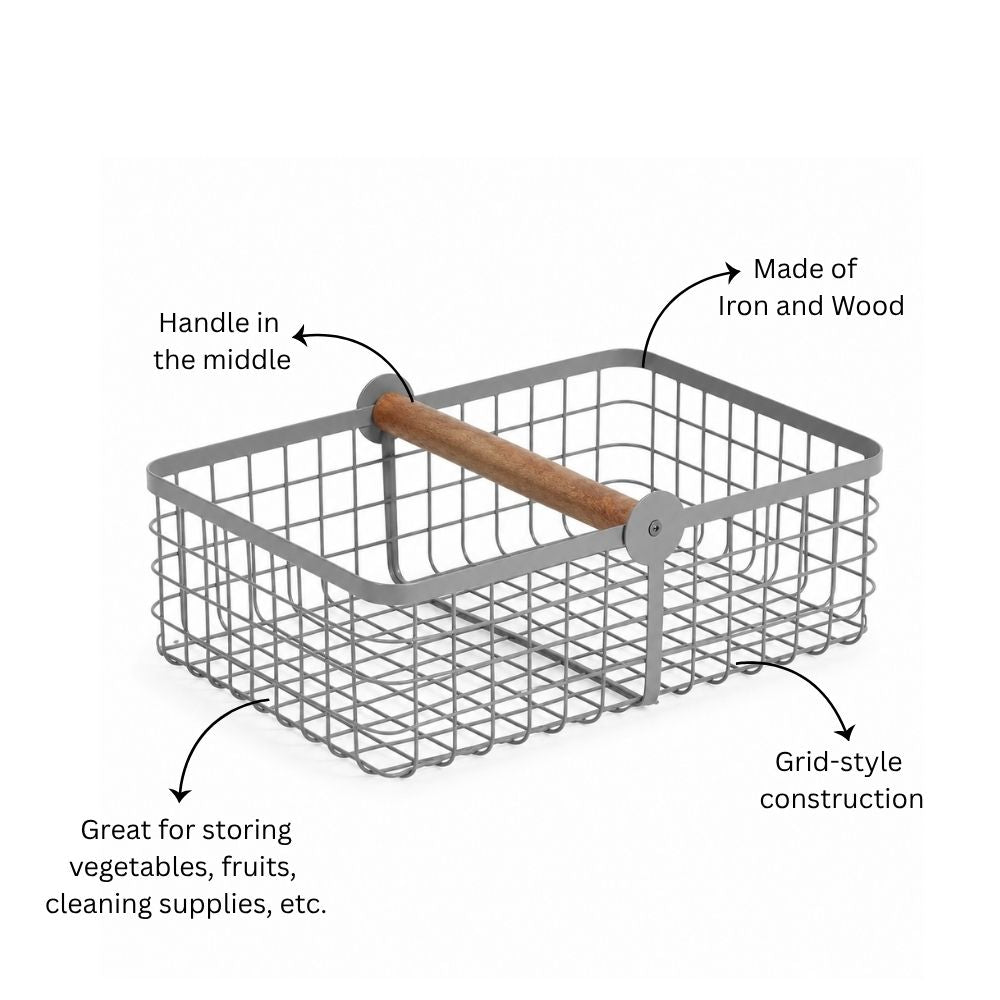 Grid Storage Basket with Handle Large - Grey
