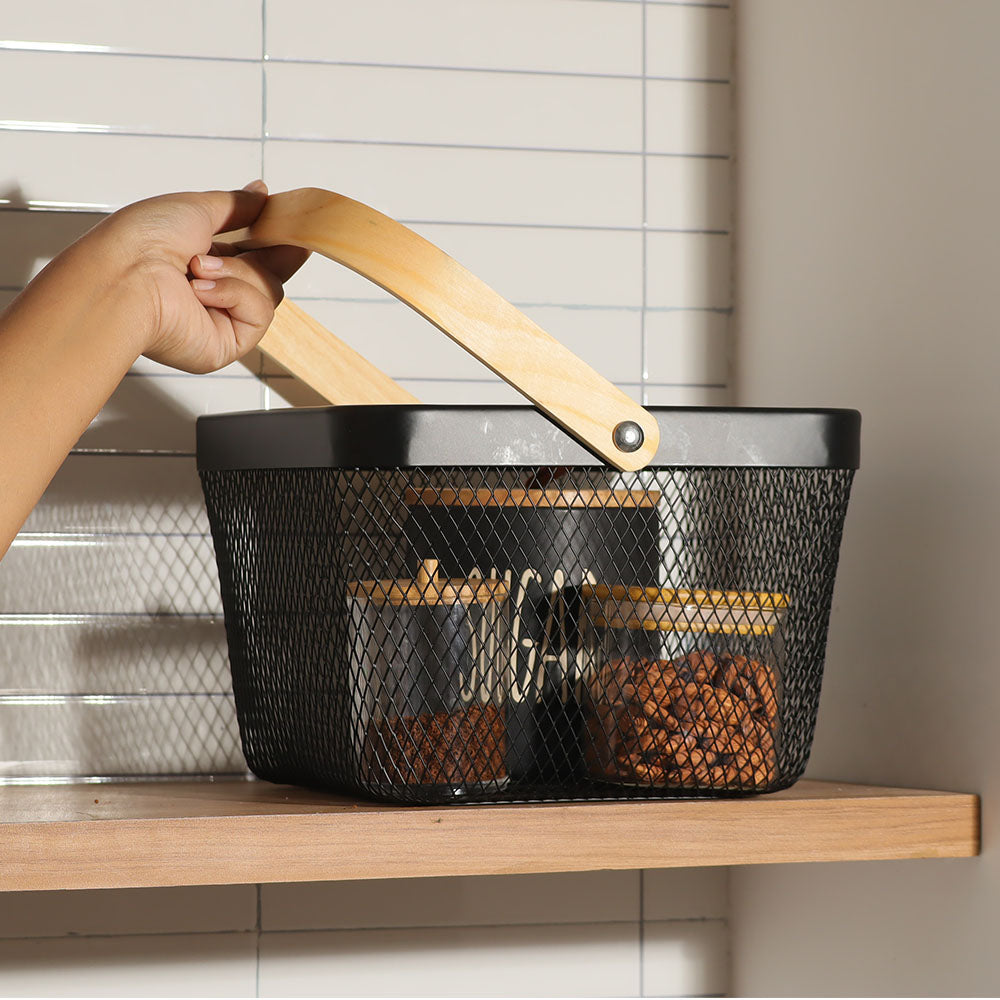 Grid Storage Basket with Wooden Handle - Black