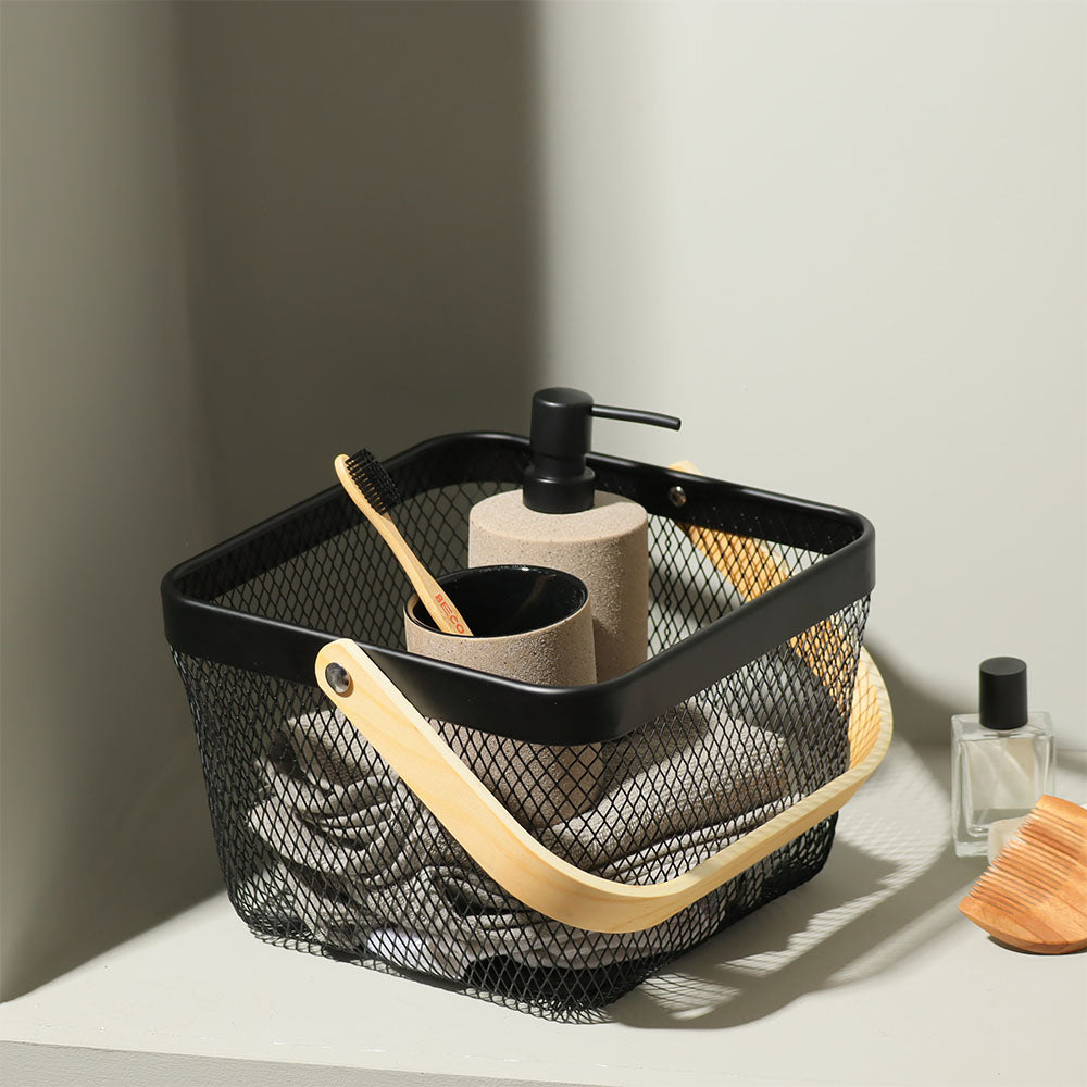 Grid Storage Basket with Wooden Handle - Black