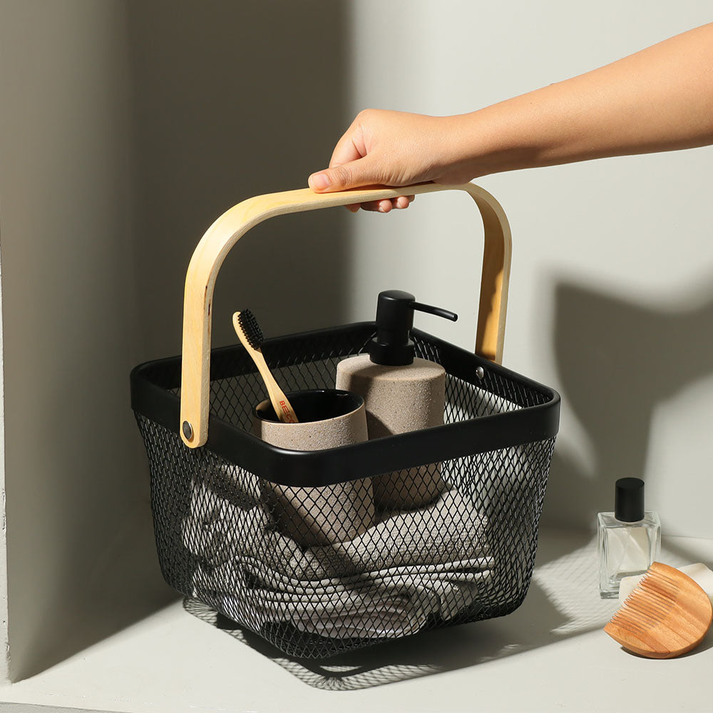 Grid Storage Basket with Wooden Handle - Black