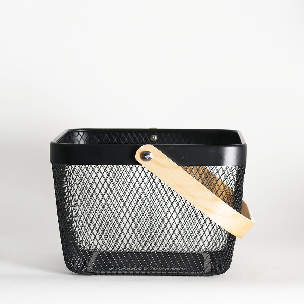 Grid Storage Basket with Wooden Handle - Black