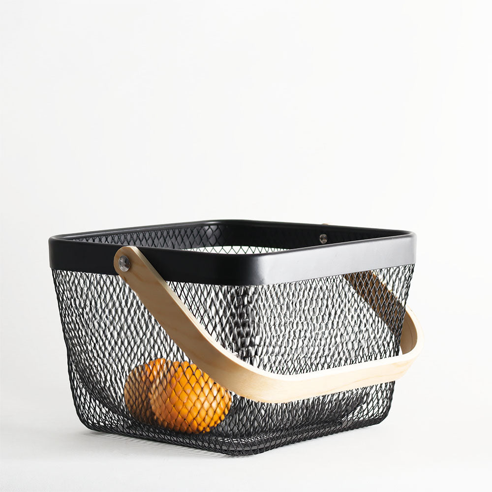 Grid Storage Basket with Wooden Handle - Black