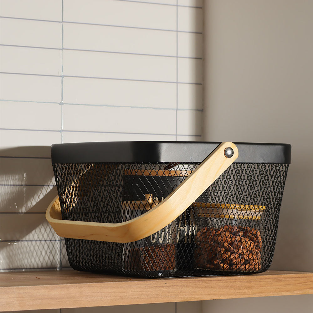 Grid Storage Basket with Wooden Handle - Black