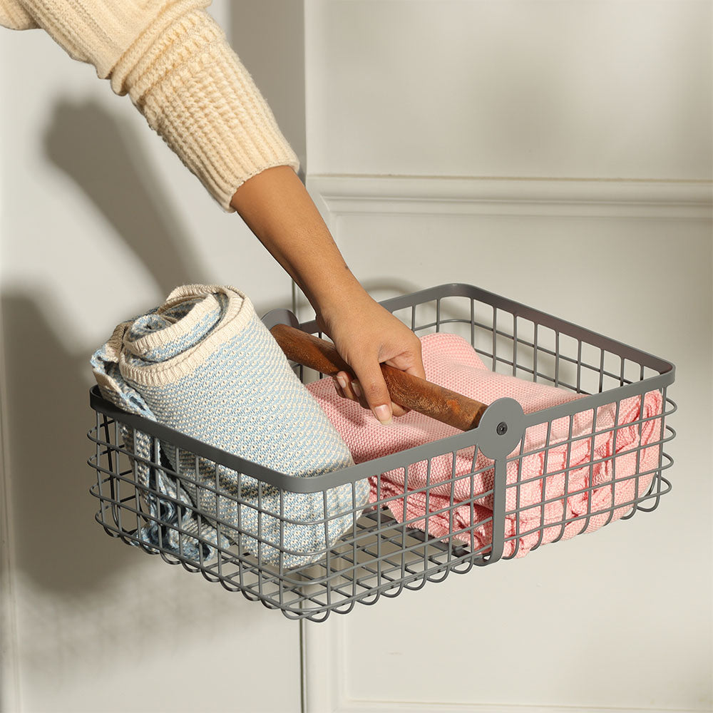 Grid Storage Basket with Handle Large - Grey