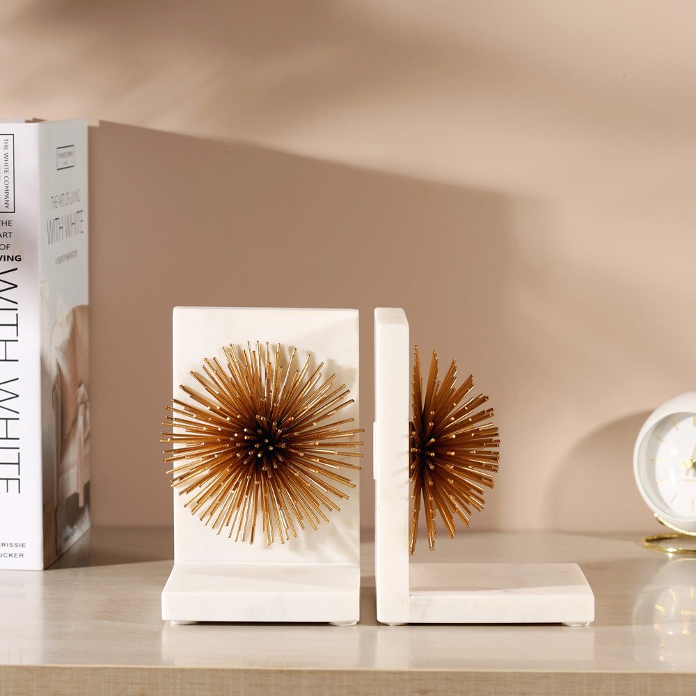 Starburst Marble Bookends, Set of 2 - White Gold