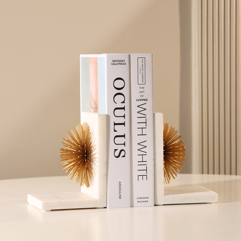 Starburst Marble Bookends, Set of 2 - White Gold