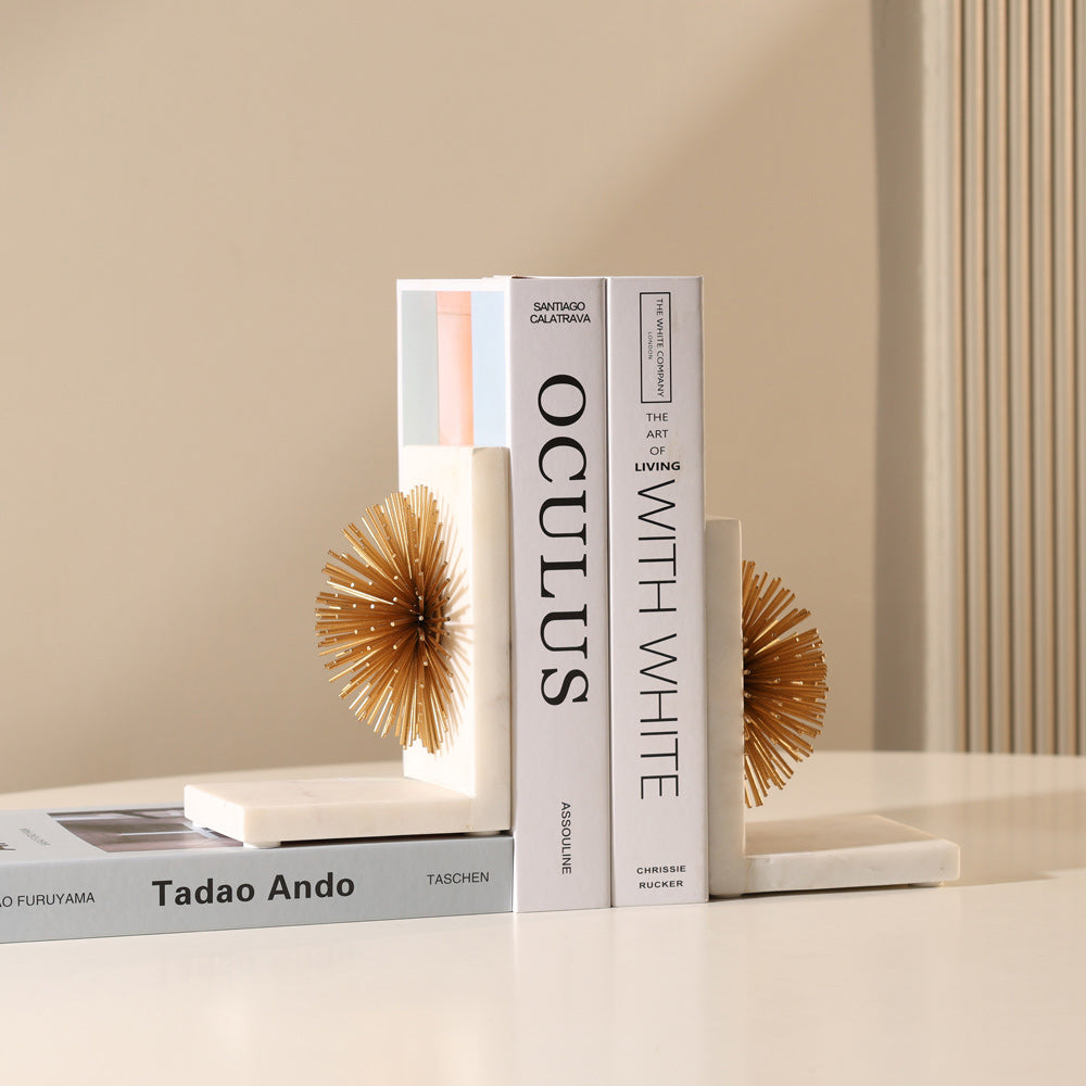 Starburst Marble Bookends, Set of 2 - White Gold