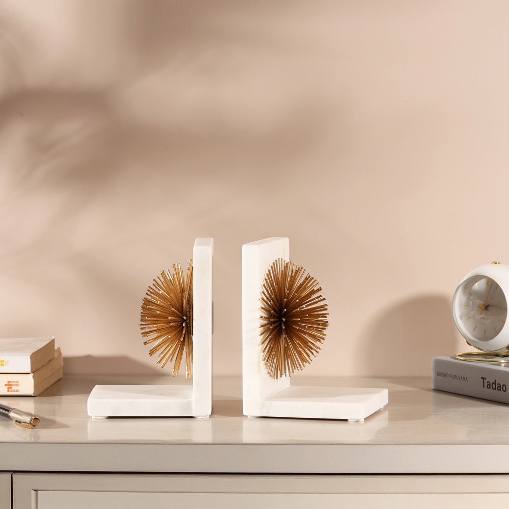 Starburst Marble Bookends, Set of 2 - White Gold