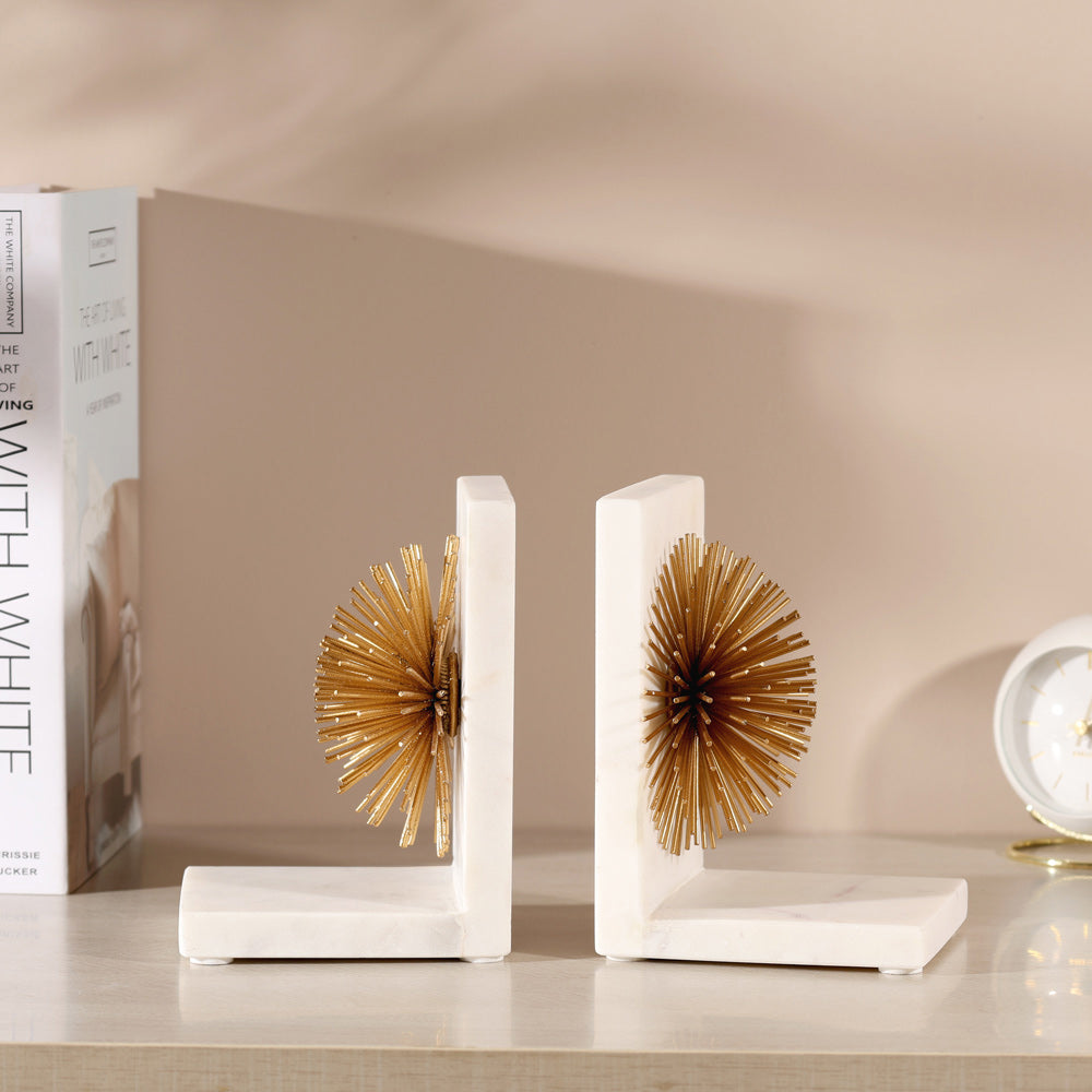 Starburst Marble Bookends, Set of 2 - White Gold