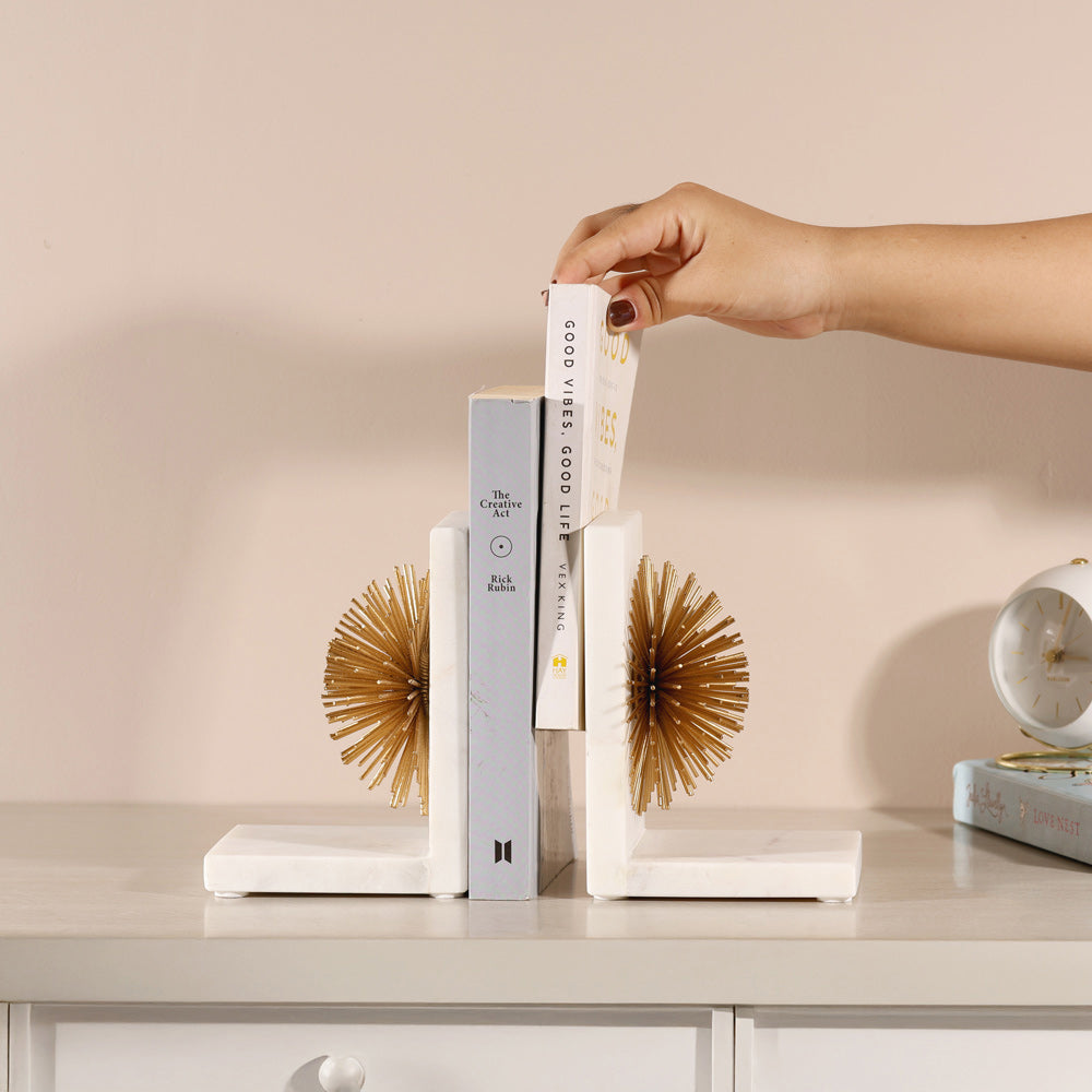 Starburst Marble Bookends, Set of 2 - White Gold