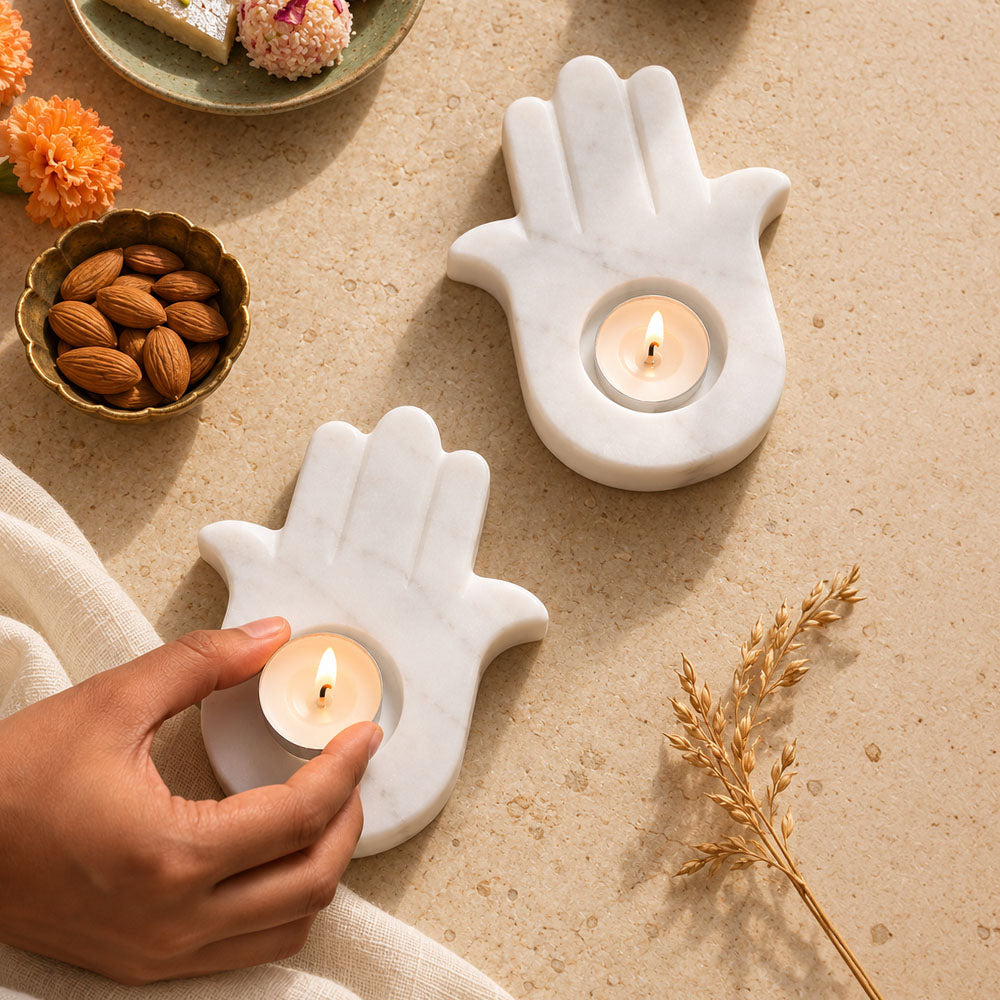 Hamsa Marble Tealight Holder - White