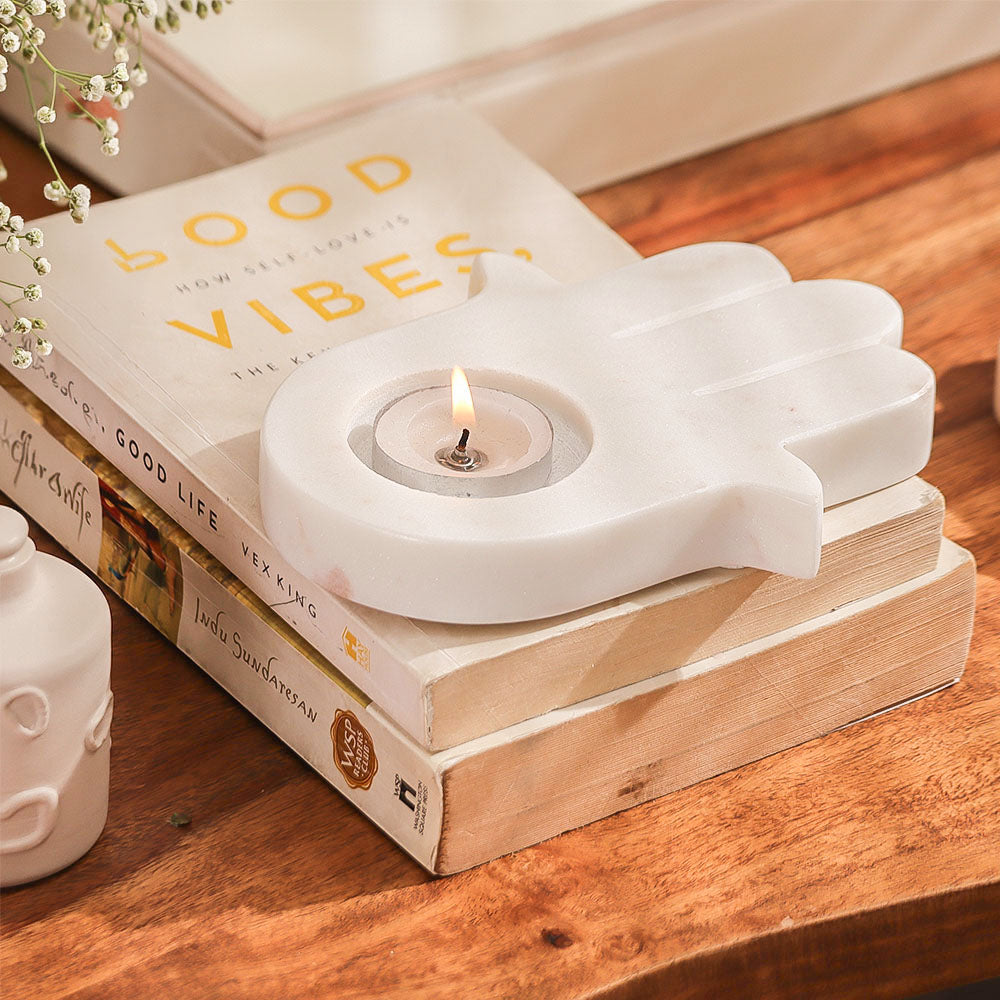 Hamsa Marble Tealight Holder - White