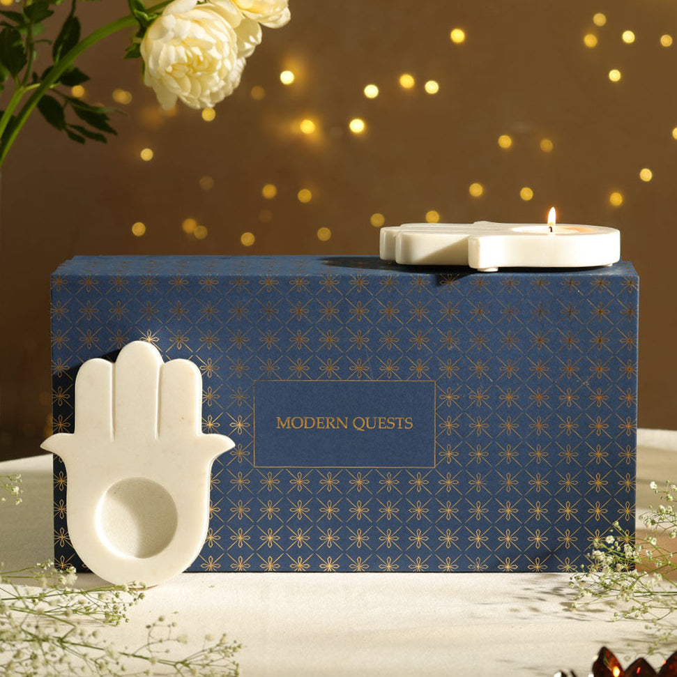 Hamsa Marble Tealight Holder 2-piece Gift Set - White