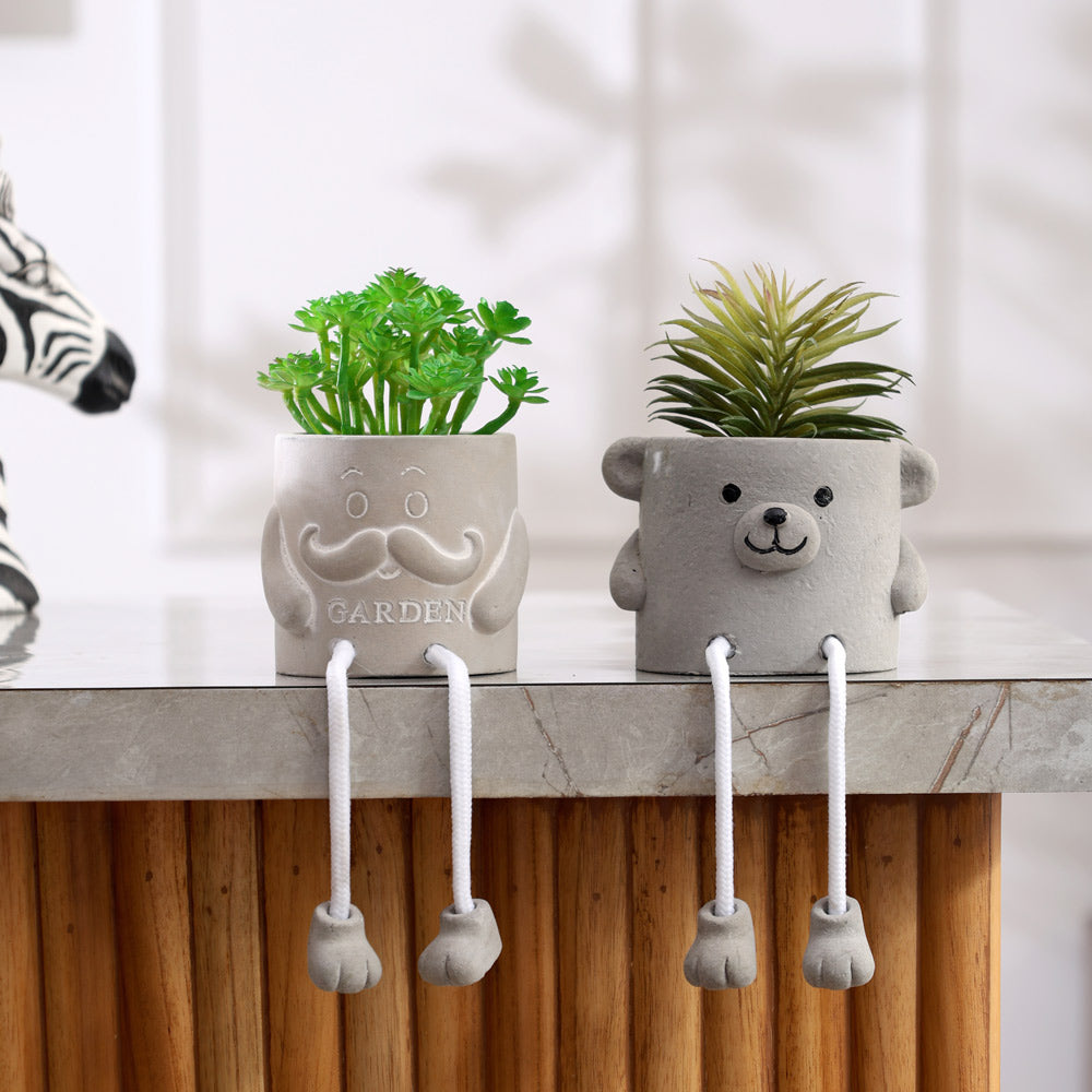 Hangout Bear Planter with Faux Plant - Grey