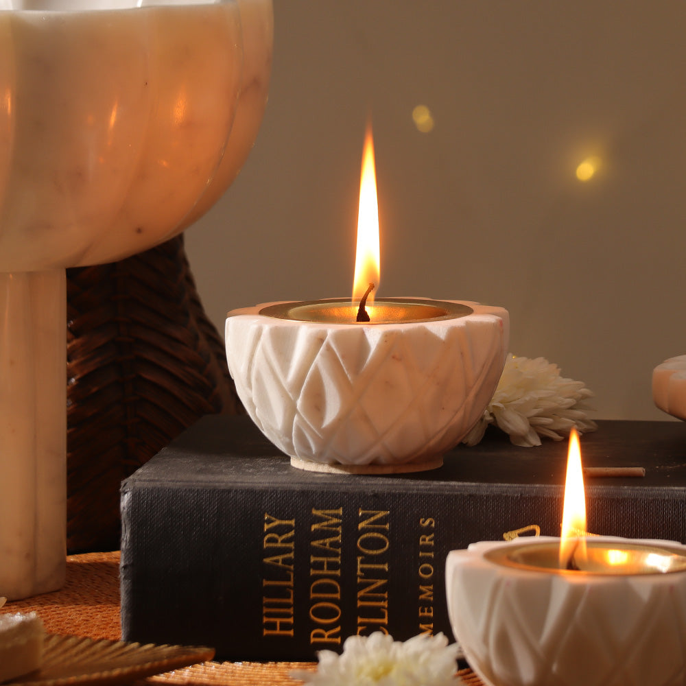 Harlequin Marble & Brass Diyas Small, Set of 2 - White Gold