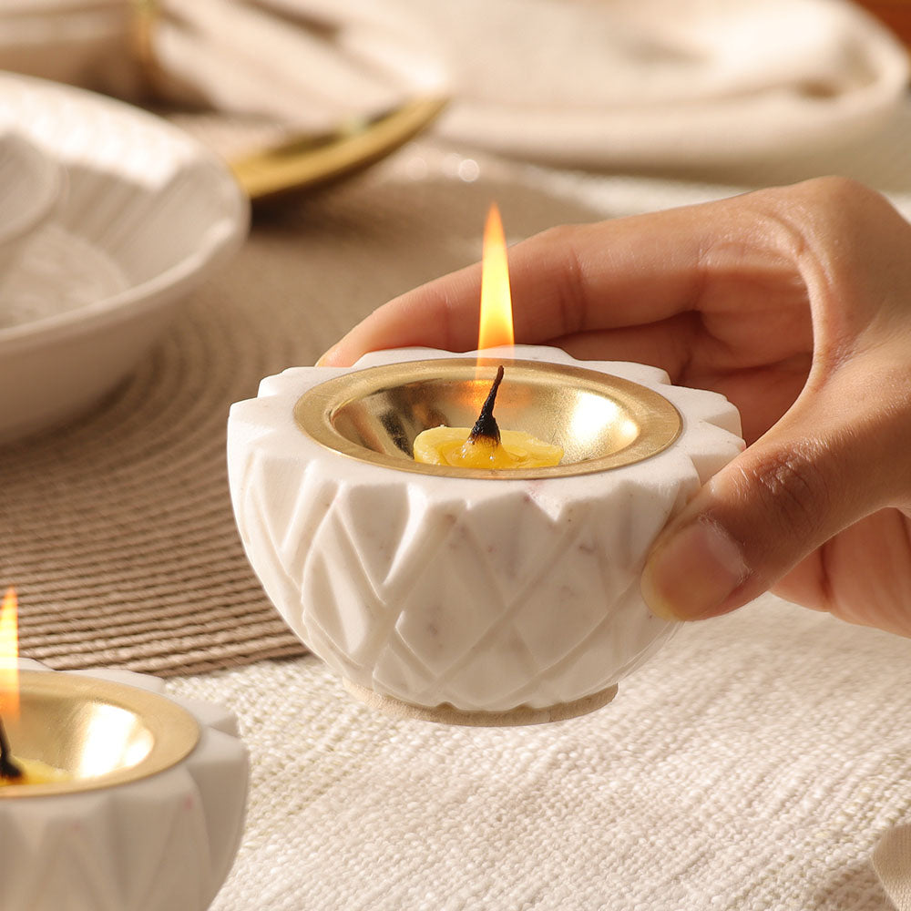 Harlequin Marble & Brass Diyas Small, Set of 2 - White Gold