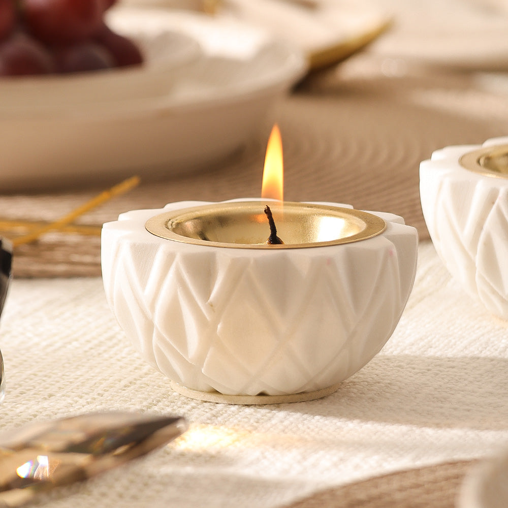 Harlequin Marble & Brass Diyas Small, Set of 2 - White Gold