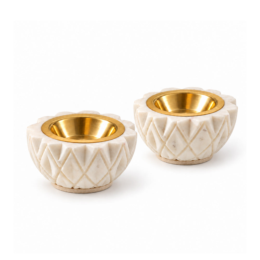 Harlequin Marble & Brass Diyas Small, Set of 2 - White Gold