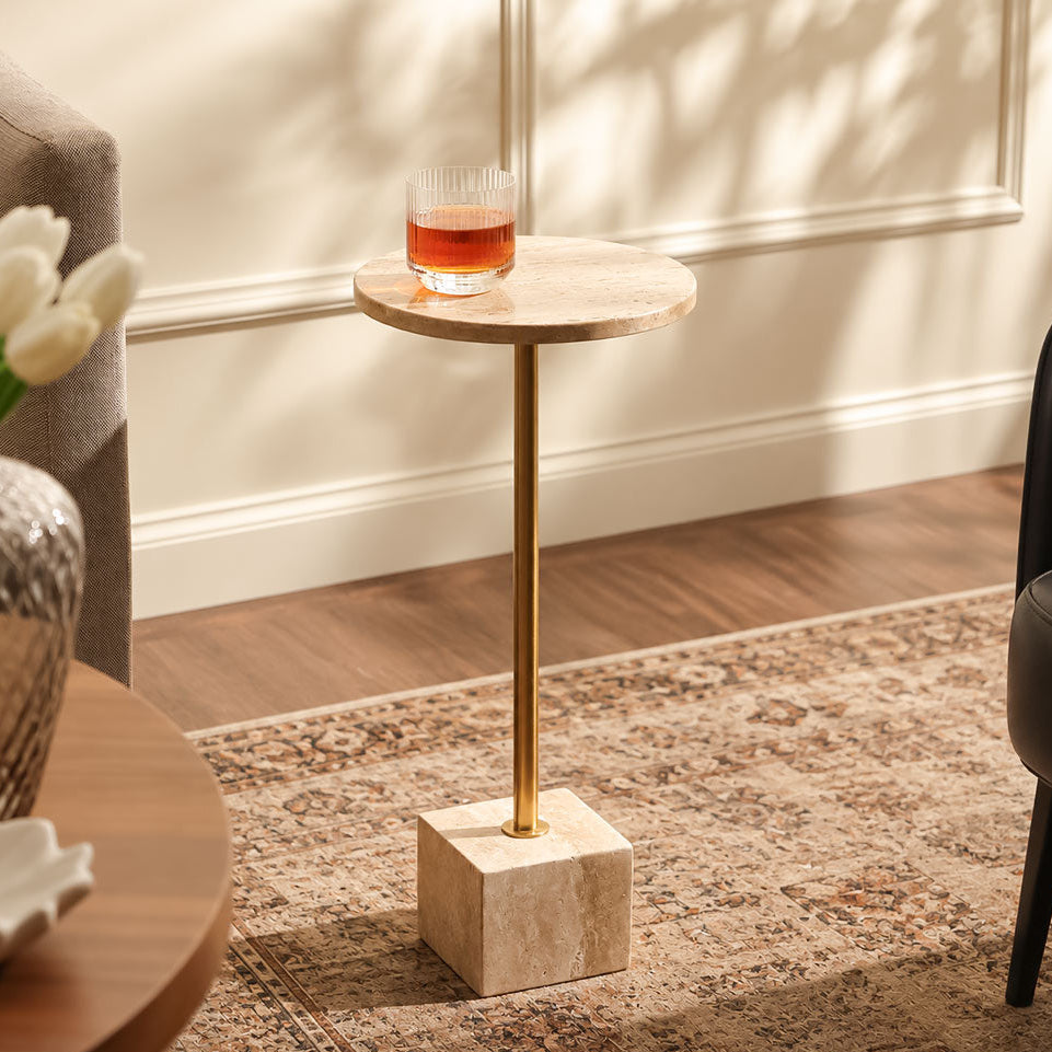 Haute Marble Pedestal Drink Table - Travertine