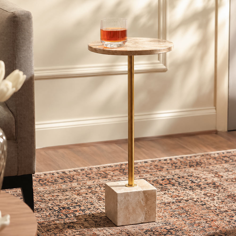 Haute Marble Pedestal Drink Table - Travertine