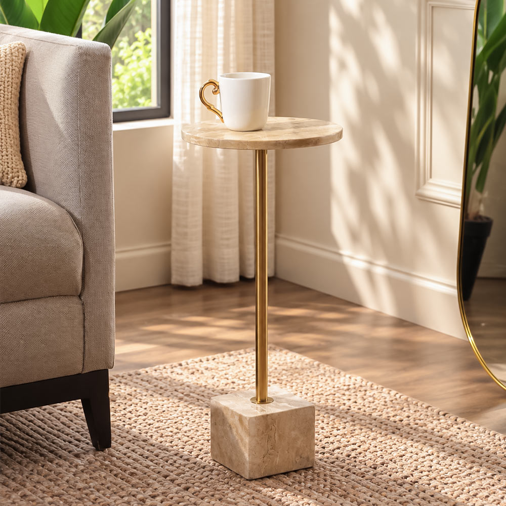 Haute Marble Pedestal Drink Table - Travertine