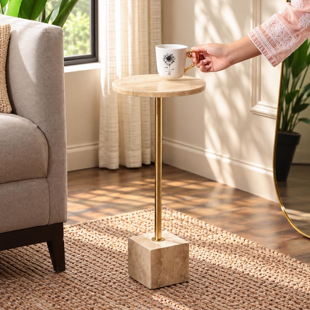 Haute Marble Pedestal Drink Table - Travertine
