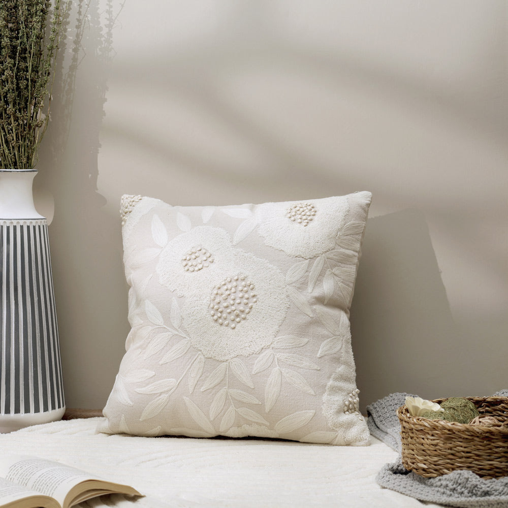 Hellebore Embroidered Cushion Cover 45x45cm - Beige Cream